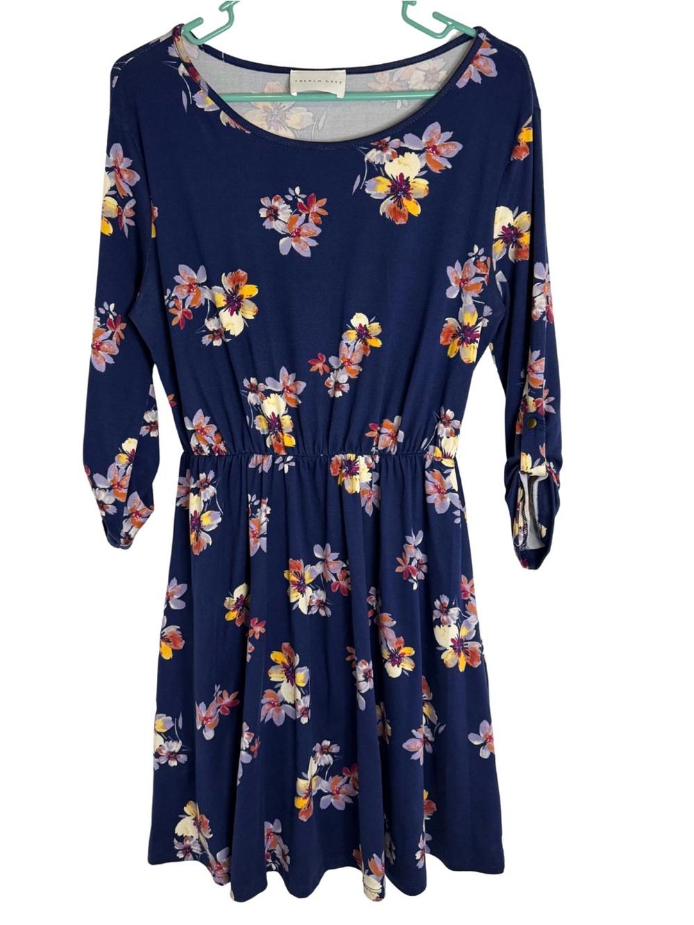 French Grey Navy Blue Floral 3/4 Sleeve Elastic Waist Mini Dress